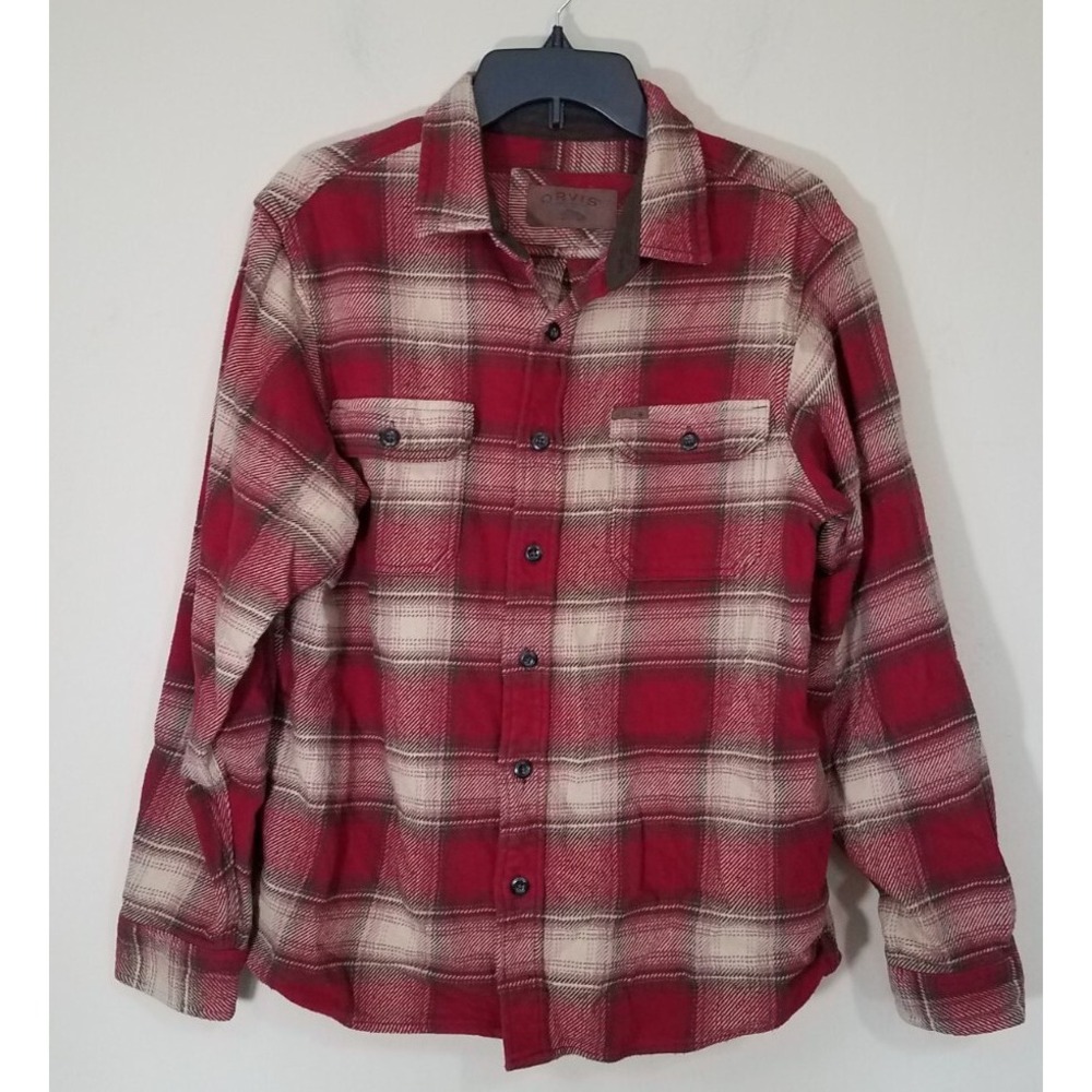 Orvis Flannel Shirt Jacket Shacket Men Medium Red Beige Heavy‎ Cotton Lumberjack